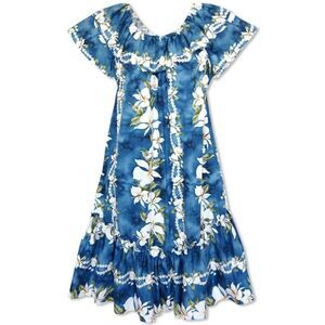 VINTAGE JADE FASHIONS BLUE SZ S FLORAL LEI ELASTIC NECKLINE LONG HAWAIIAN DRESS
